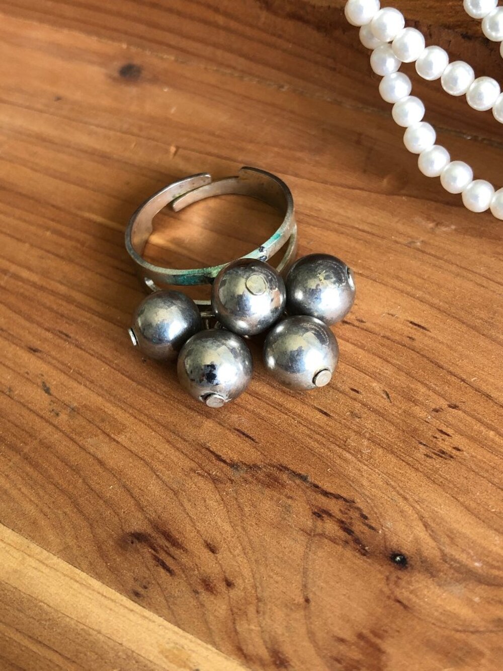 Silver Toned Beaded Ring with Adjustable Band